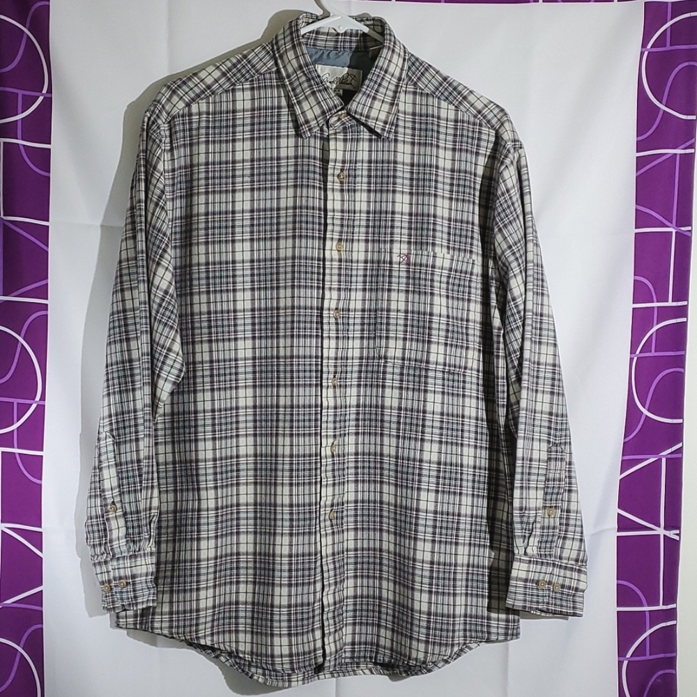 Arnold Palmer Cream/Purple/Green Plaid Button-Up Long Sleeve - Size M(15-15 1/2)